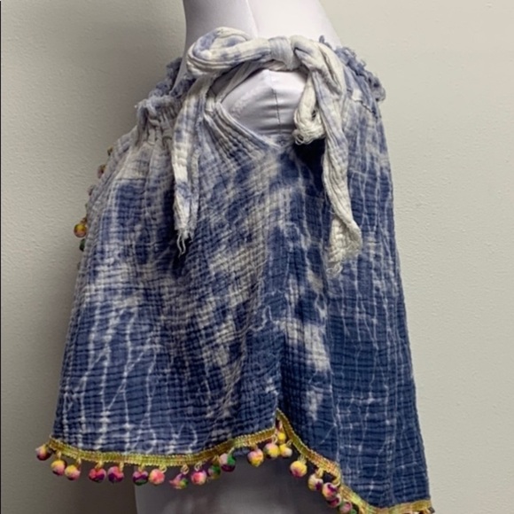 Beulah | Women Size S| Pom Pom Tie Sleeves Cotton BOHO Tie Dye Wrap Top NWT - Picture 3 of 9